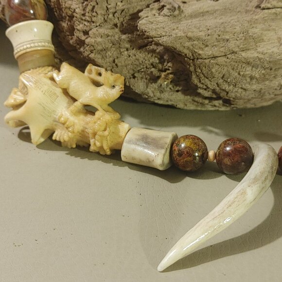 Antique Agate Bead Necklace Carved Antler Pendant Deer Elk Artisan Craft Rustic - Picture 4 of 16